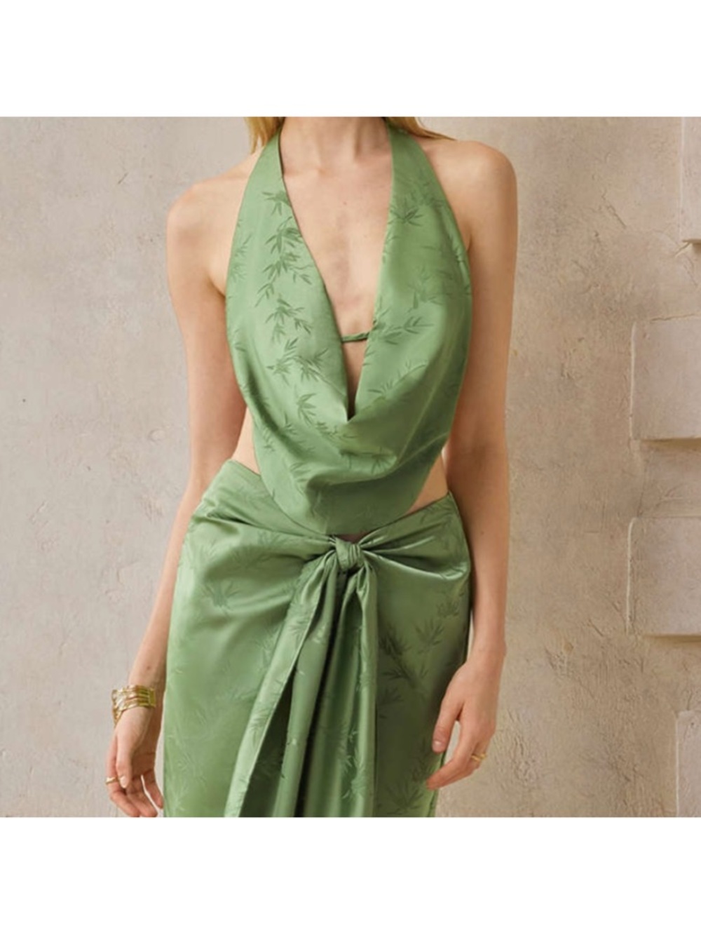 NWOT! Micas Green Jacquard Halter & Ruched Skirt Co-ord Set - Size Small